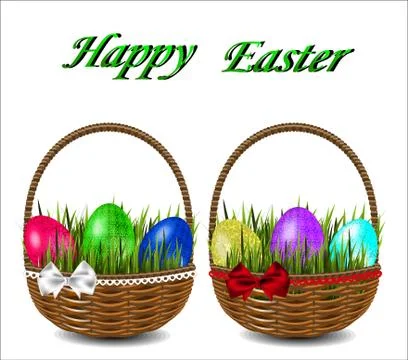 Colorful Easter eggs in a wicker basket with a bow. Stock Illustration