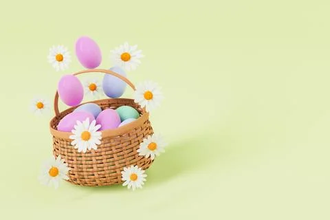 Colorful Easter eggs in wicker basket in studio with daisies Stock Illustration