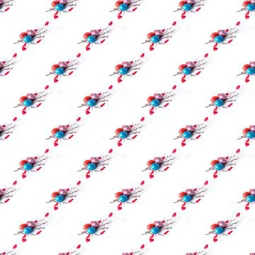 Colorful Easter eggs with willow twigs on white background, pattern, Illustrazione stock