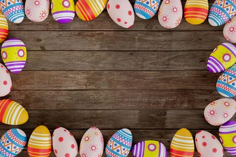 Colorful Easter eggs on wood 3D render Stock Illustration