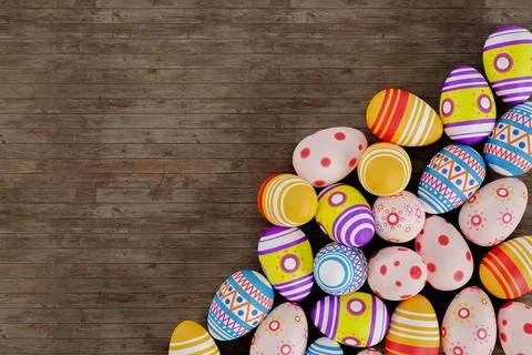 Colorful Easter eggs on wood 3D render Stock Illustration