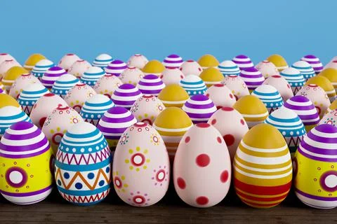 Colorful Easter eggs on wood 3D render Stock Illustration