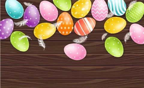 Colorful Easter eggs on wood background Vector realistic. Spring holiday bann Illustrazione stock