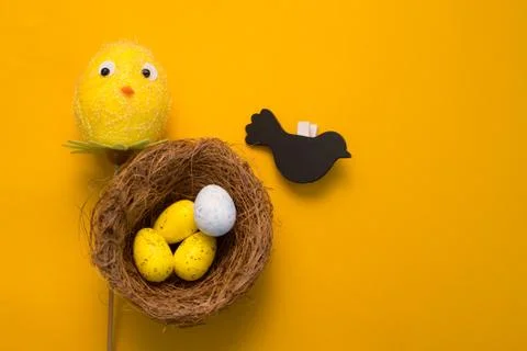 Colorful Easter eggs on a yellow background Stock-Fotos