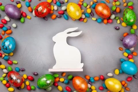 Colorful Easter eggs,chocolate Easter sweets and bunny Stock Photos