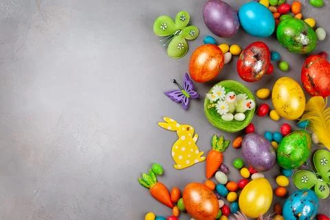 Colorful Easter eggs,chocolate Easter sweets and bunny Stockfoto's