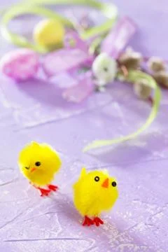 Colorful Easter frame - quail eggs, chickens and willow branch. Stock-Fotos