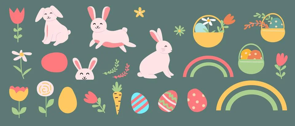 Colorful easter geometry set with rabbits, eggs, and spring floral elements for Illustrazione stock