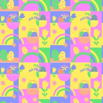 Colorful easter pattern with baskets, eggs, and flowers in pastel shades Stock Illustration