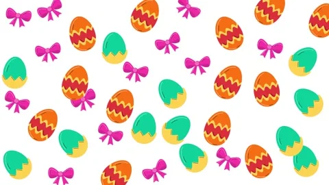Colorful Easter Pattern with Decorated Eggs and Pink Bows on White Background Stock Footage 345539305