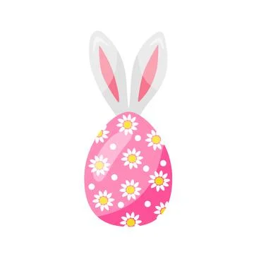 Colorful Easter pink egg, with flowers, with bunny ears. hand drawn. vector Stock Illustration