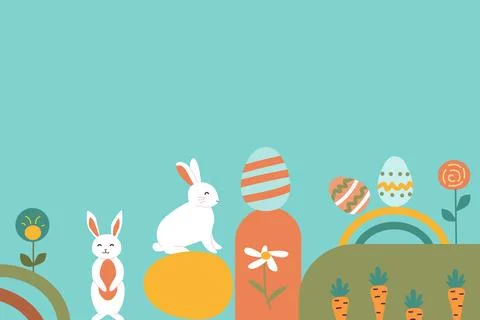 Colorful easter scene with rabbits, eggs, and carrots on pastel background イラスト素材