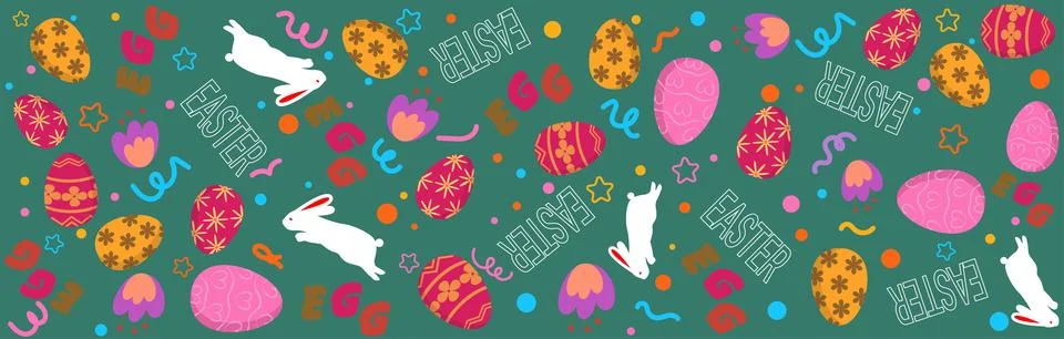 Colorful Easter Seamless Pattern with Eggs, Rabbits, Flowers and Decorative.. Stock Illustration