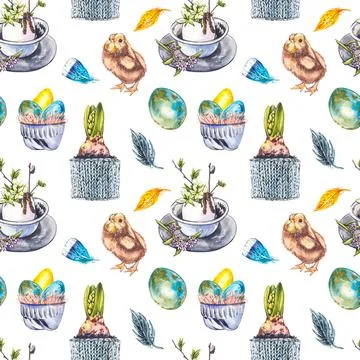 Colorful easter seamless patterns. Easter set. Watercolor illustration on white Stock Illustration