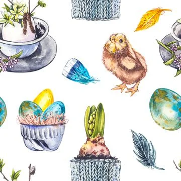 Colorful easter seamless patterns. Easter set. Watercolor illustration on white Stock Illustration