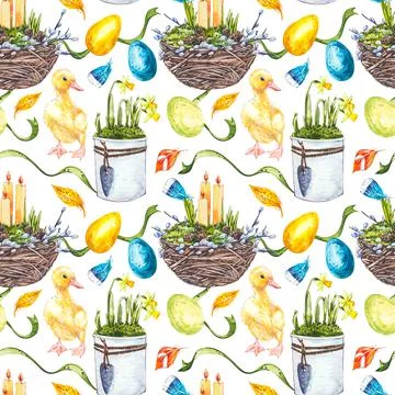 Colorful easter seamless patterns. Easter set. Watercolor illustration on white Stock Illustration