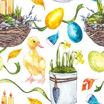 Colorful easter seamless patterns. Easter set. Watercolor illustration on white Stock Illustration