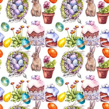 Colorful easter seamless patterns. Easter set. Watercolor illustration on white Stock Illustration