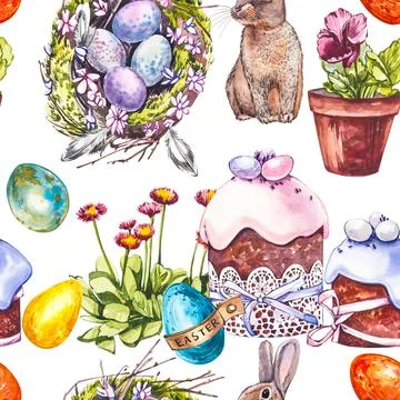 Colorful easter seamless patterns. Easter set. Watercolor illustration on white Stock Illustration