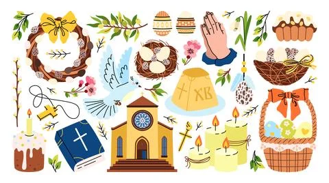 Colorful Easter set of illustrations and stickers. Ilustração Stock