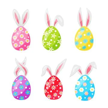 Colorful easter set of multicolored eggs with bunny ears. hand drawn. vector Stock Illustration