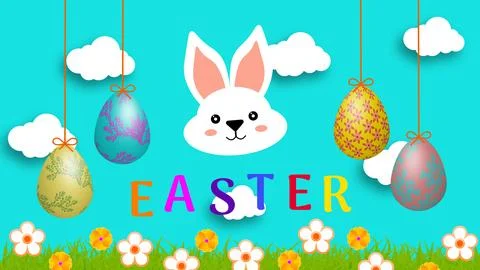 Colorful Easter text on clouds, hanging eggs and grass land Stock Illustration