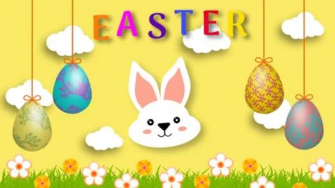 Colorful Easter text on clouds, hanging eggs and grass land Stock Illustration