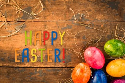 Colorful easter text slogan with a beautiful background Foto stock