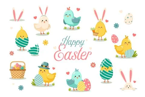Colorful easter themed vector illustration with cute chicks birds. Happy Ea.. Stock Illustration