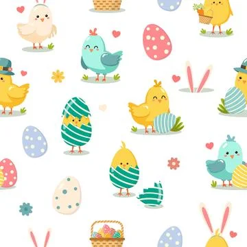 Colorful easter themed vector illustration with cute chicks birds. Stock Illustration