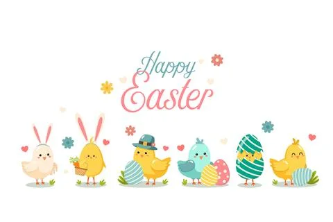Colorful easter themed vector illustration with cute chicks birds. Stock Illustration