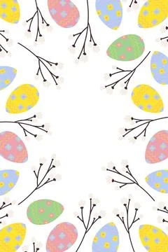 Colorful Easter vertical Frame Border with Easter Eggs and blossom twigs Stock Illustration