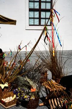 Colorful Easter Willow Branches and Spring Decorations at Outdoor Market Stock Photos