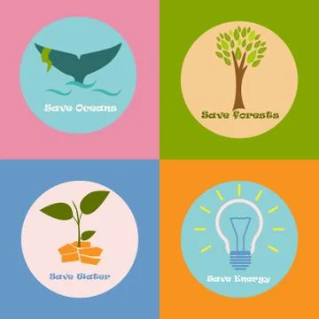 Colorful eco poster with different conceptions of saving water, energy, ocean Stock Illustration