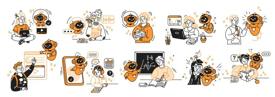 Colorful Educational Characters in Dynamic Scenes Stock Illustration