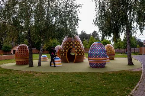 Colorful Egg-Shaped Play Structures in a Park 写真素材