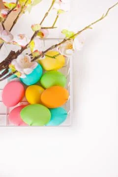 Colorful eggs for Easter day in a basket. Stock Photos