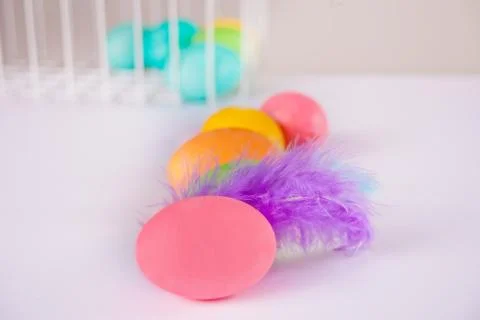 Colorful eggs for Easter day with violet feather Stock Photos