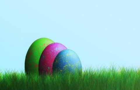 Colorful eggs in the grass at Easter, blue background Stock Illustration