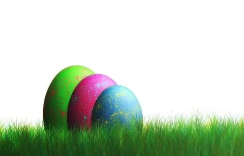 Colorful eggs in the grass at Easter, white background, 3D Rendering Stock Illustration