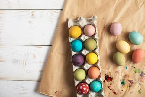 Colorful eggs prepared for Easter. Space for text. Happy Easter Stock Photos