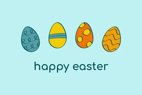 Colorful eggs with text Happy Easter. Eggs with patterns on a blue backgrou.. 库存插图