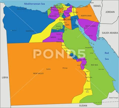 Colorful Egypt political map with clearly labeled, separated