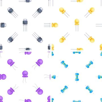 Colorful electronic components transistors, leds and resistors forming a Stock-Illustration