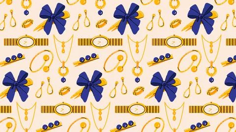 Colorful elegant vector seamless pattern with gold jewelry and accessory. 库存插图