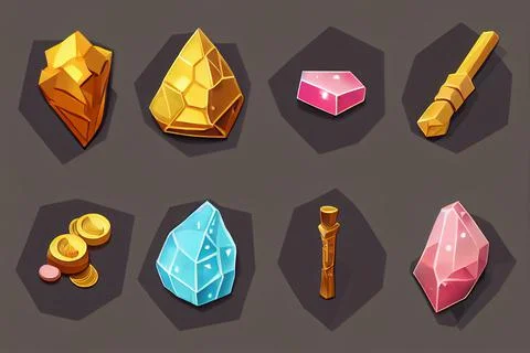 Colorful elements for the decor game, gold nuggets coins crystals. 스톡 일러스트