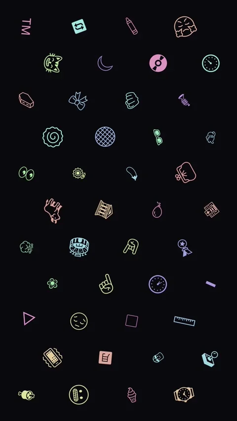 Colorful Emoji Style Icons Pattern, Pastel Symbols Rotating on Black Background Stock Footage 331545944