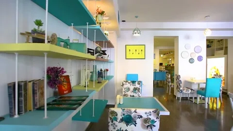 Colorful  Empty Restaurant With Patterned Stock Footage 136037564