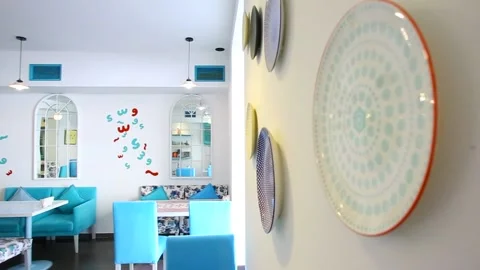 Colorful  Empty Restaurant With Patterned Stock Footage 136041119