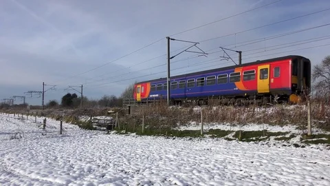 Colorful engine train loco snow landscape speed Stock Footage 83364186